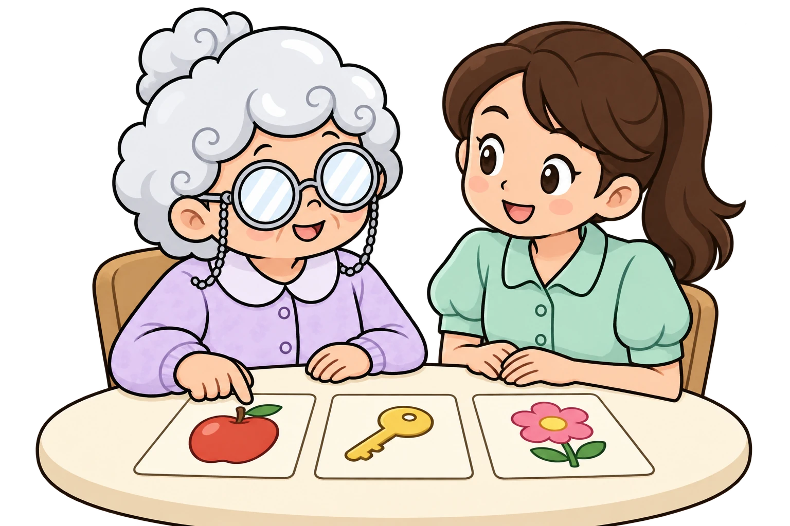 An older Filipina and a health worker sharing a guided memory activity at a table